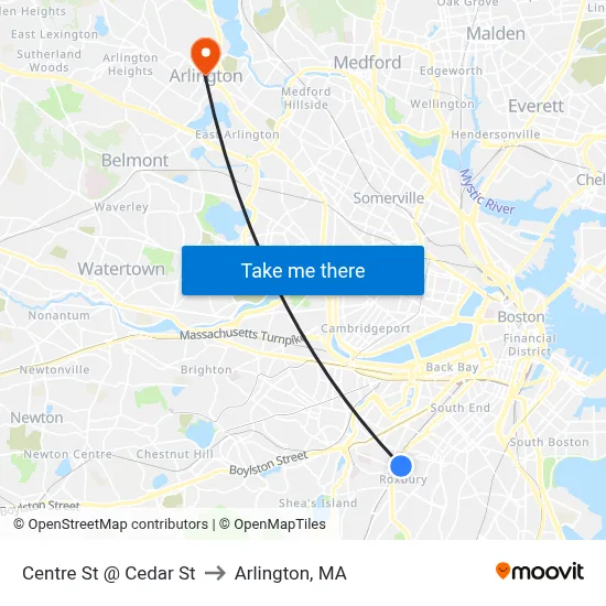 Centre St @ Cedar St to Arlington, MA map