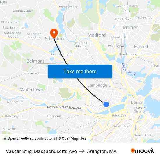 Vassar St @ Massachusetts Ave to Arlington, MA map