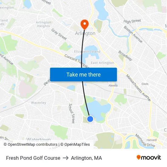 Fresh Pond Golf Course to Arlington, MA map