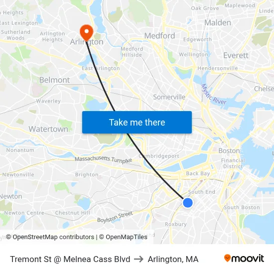 Tremont St @ Melnea Cass Blvd to Arlington, MA map