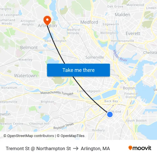 Tremont St @ Northampton St to Arlington, MA map