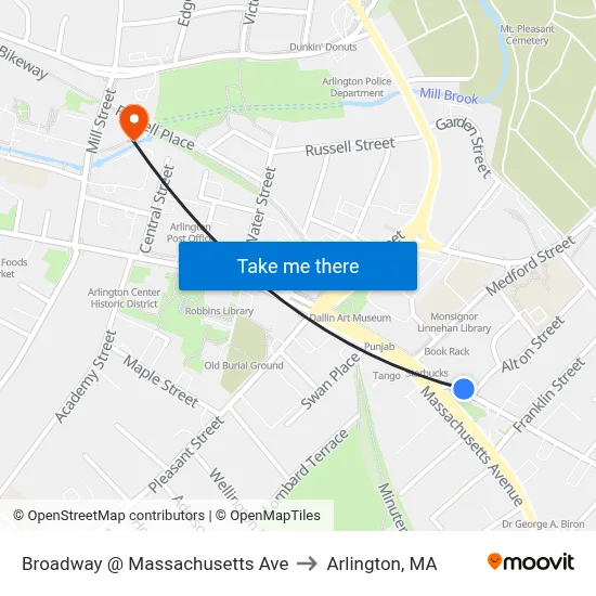 Broadway @ Massachusetts Ave to Arlington, MA map
