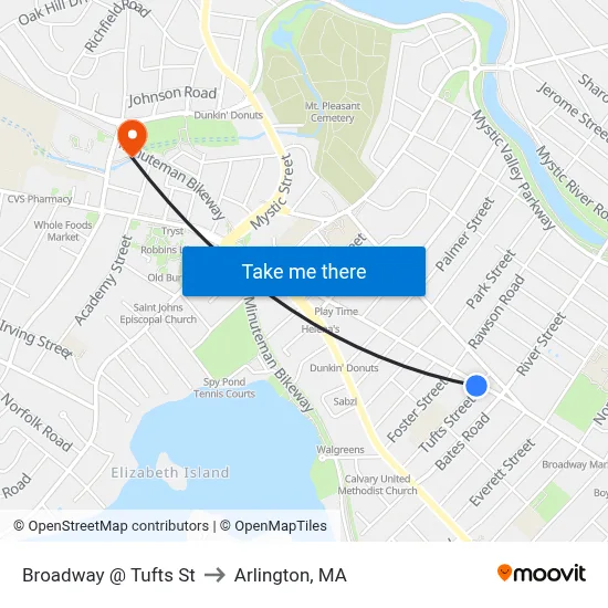 Broadway @ Tufts St to Arlington, MA map