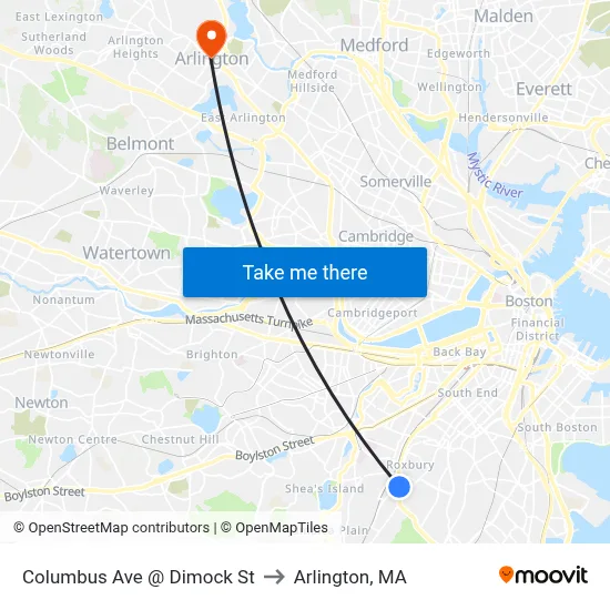 Columbus Ave @ Dimock St to Arlington, MA map