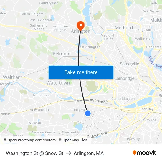 Washington St @ Snow St to Arlington, MA map