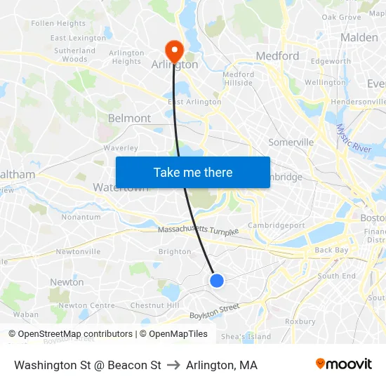 Washington St @ Beacon St to Arlington, MA map