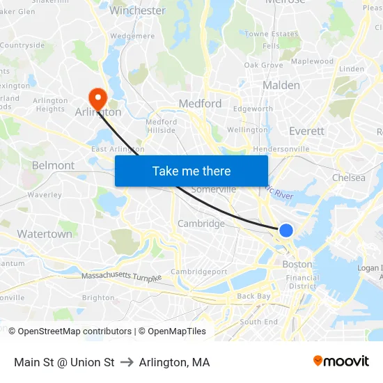 Main St @ Union St to Arlington, MA map