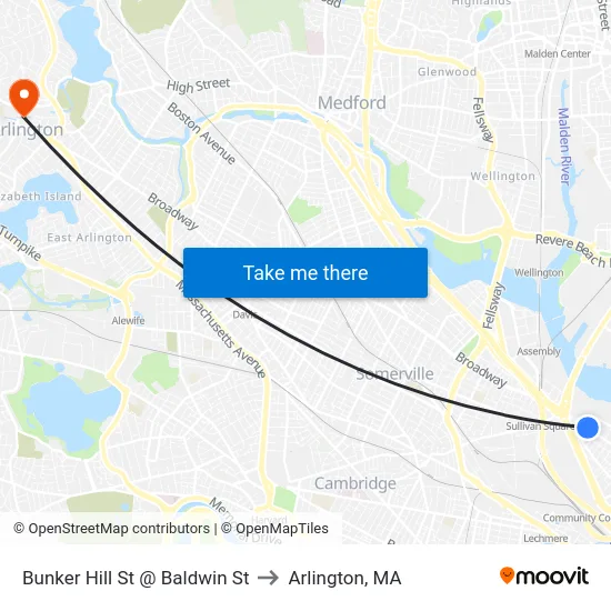 Bunker Hill St @ Baldwin St to Arlington, MA map