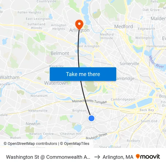 Washington St @ Commonwealth Ave to Arlington, MA map