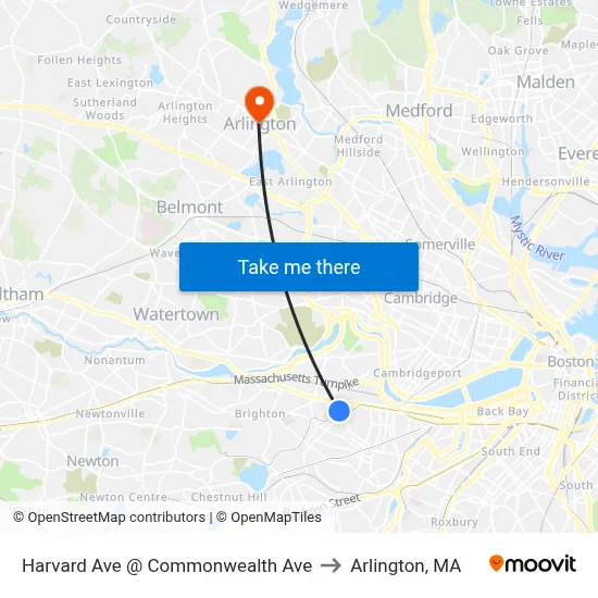 Harvard Ave @ Commonwealth Ave to Arlington, MA map