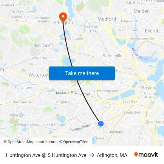 Huntington Ave @ S Huntington Ave to Arlington, MA map