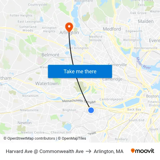 Harvard Ave @ Commonwealth Ave to Arlington, MA map