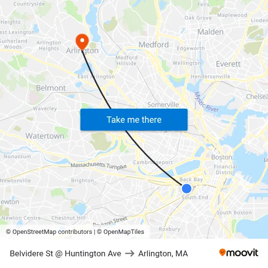 Belvidere St @ Huntington Ave to Arlington, MA map