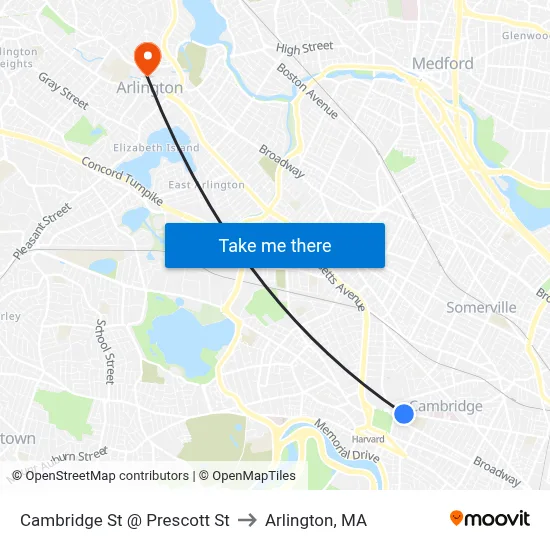 Cambridge St @ Prescott St to Arlington, MA map