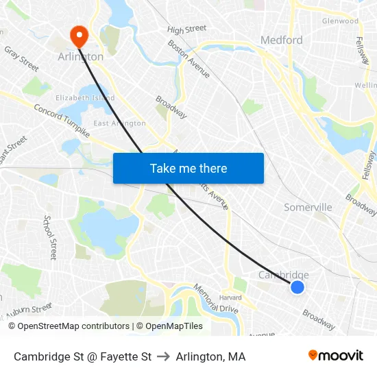 Cambridge St @ Fayette St to Arlington, MA map