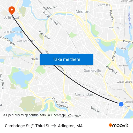 Cambridge St @ Third St to Arlington, MA map