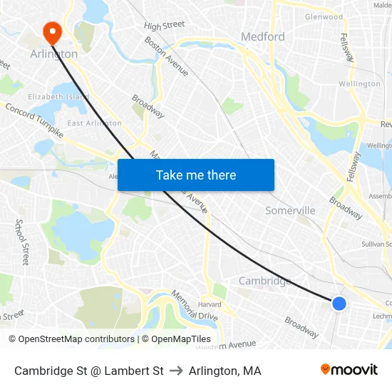 Cambridge St @ Lambert St to Arlington, MA map