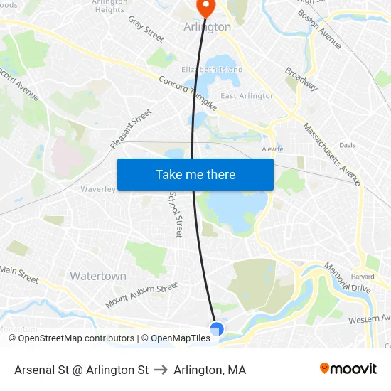 Arsenal St @ Arlington St to Arlington, MA map