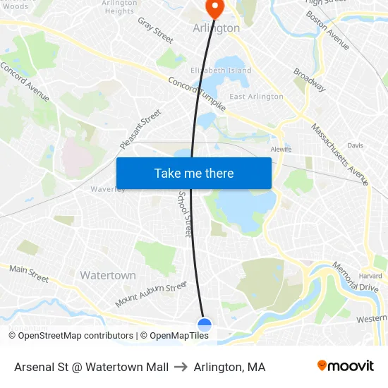 Arsenal St @ Watertown Mall to Arlington, MA map