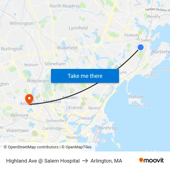Highland Ave @ Salem Hospital to Arlington, MA map