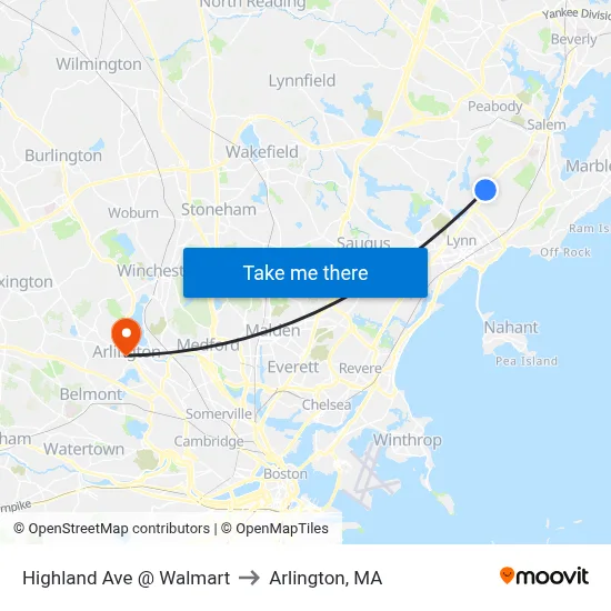 Highland Ave @ Walmart to Arlington, MA map