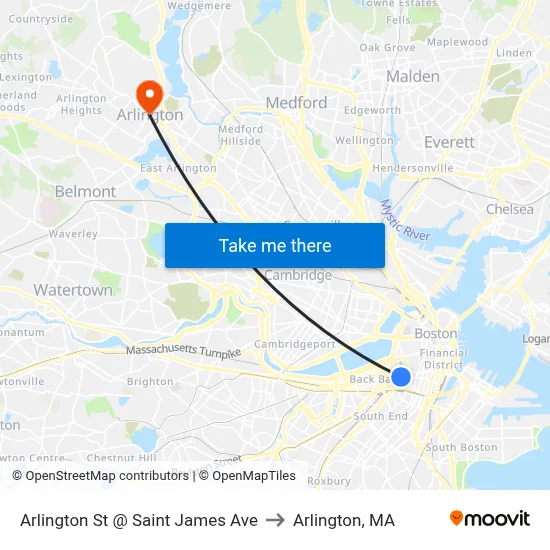 Arlington St @ Saint James Ave to Arlington, MA map