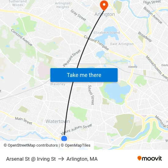 Arsenal St @ Irving St to Arlington, MA map
