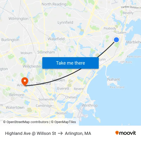 Highland Ave @ Willson St to Arlington, MA map