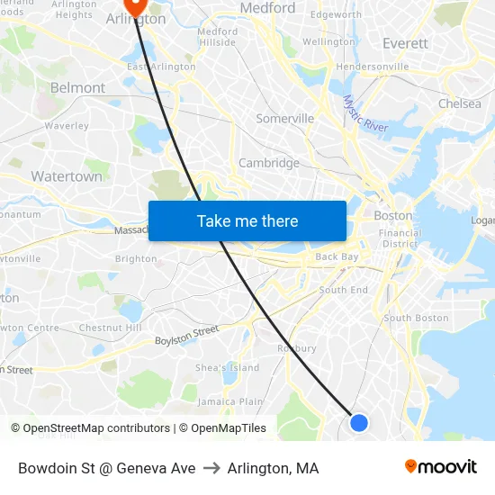 Bowdoin St @ Geneva Ave to Arlington, MA map
