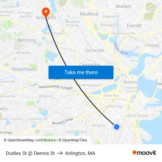 Dudley St @ Dennis St to Arlington, MA map