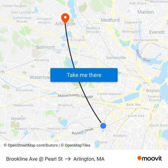 Brookline Ave @ Pearl St to Arlington, MA map