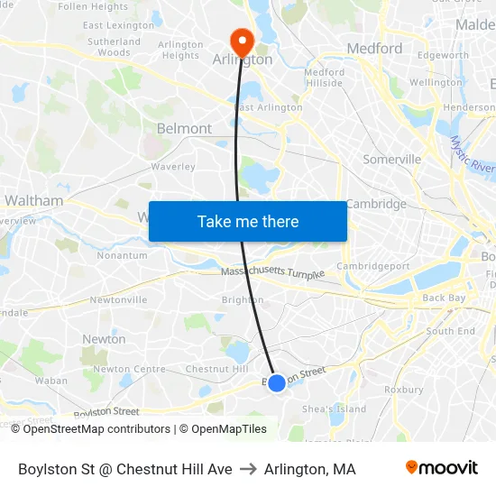 Boylston St @ Chestnut Hill Ave to Arlington, MA map