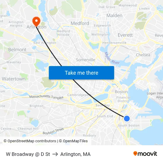 W Broadway @ D St to Arlington, MA map