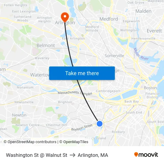Washington St @ Walnut St to Arlington, MA map