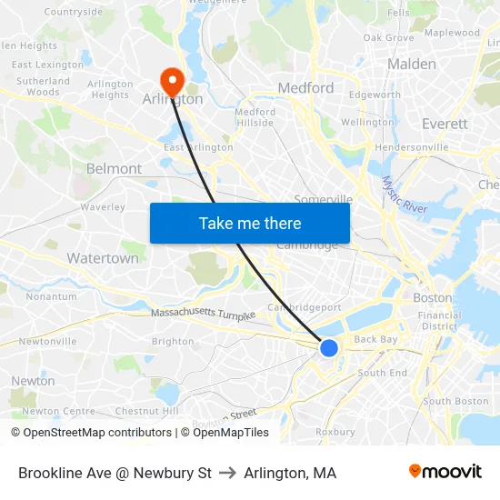 Brookline Ave @ Newbury St to Arlington, MA map