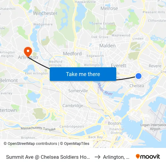 Summit Ave @ Chelsea Soldiers Home to Arlington, MA map