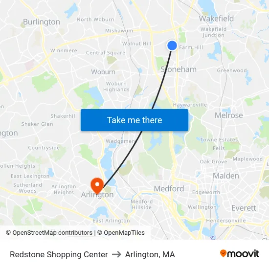 Redstone Shopping Center to Arlington, MA map