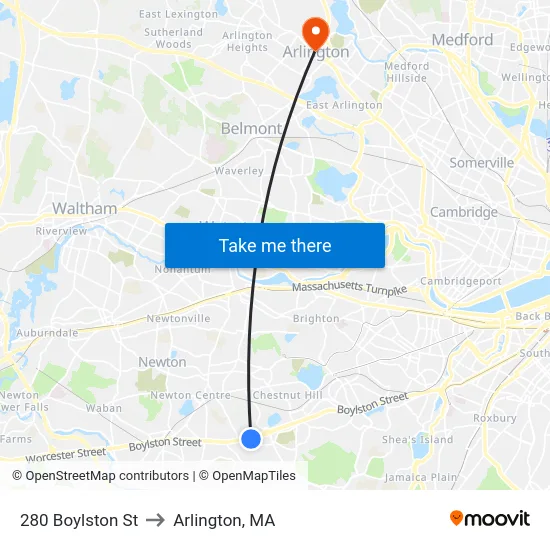 280 Boylston St to Arlington, MA map