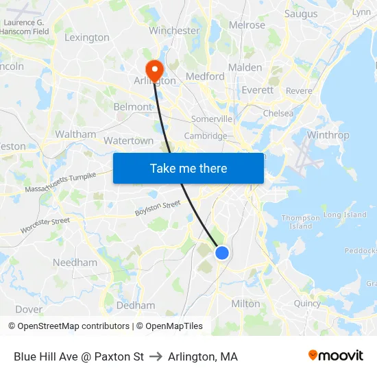 Blue Hill Ave @ Paxton St to Arlington, MA map