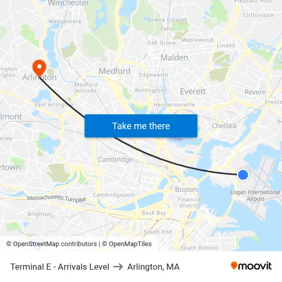 Terminal E - Arrivals Level to Arlington, MA map