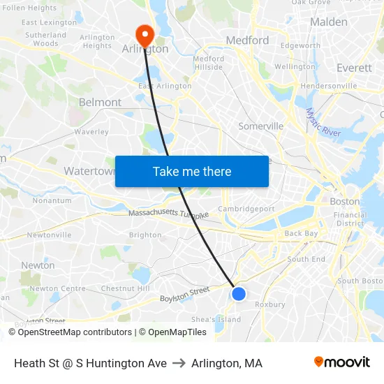 Heath St @ S Huntington Ave to Arlington, MA map
