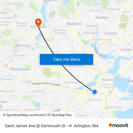 Saint James Ave @ Dartmouth St to Arlington, MA map