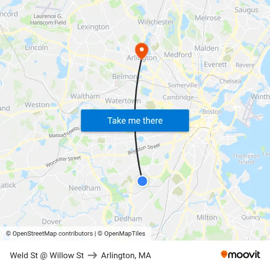 Weld St @ Willow St to Arlington, MA map
