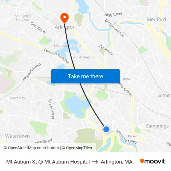 Mt Auburn St @ Mt Auburn Hospital to Arlington, MA map