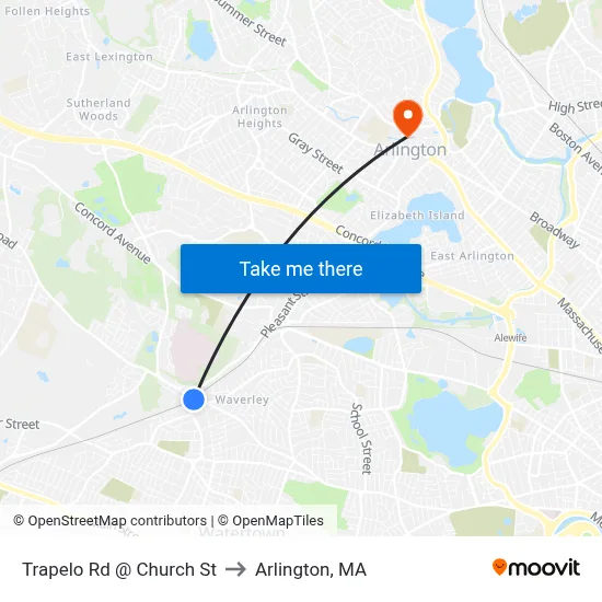Trapelo Rd @ Church St to Arlington, MA map