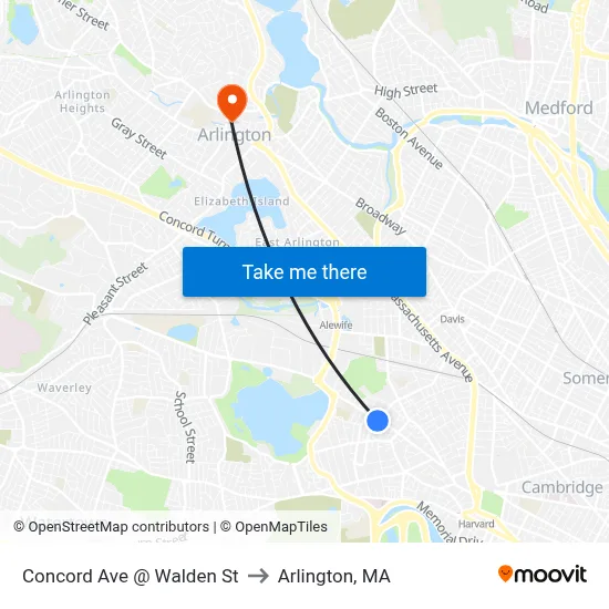 Concord Ave @ Walden St to Arlington, MA map