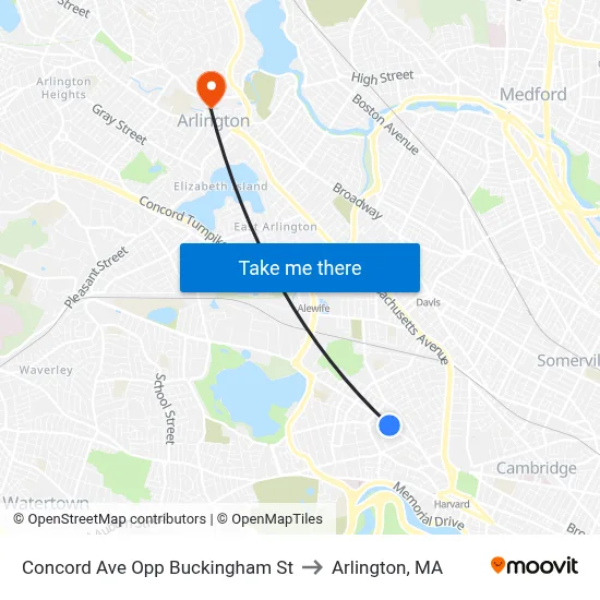 Concord Ave Opp Buckingham St to Arlington, MA map