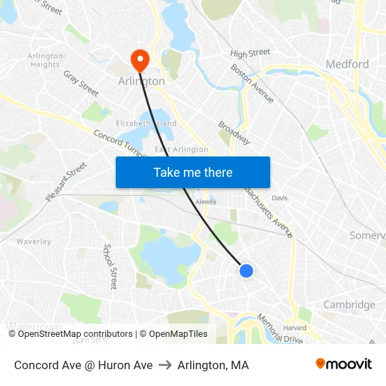 Concord Ave @ Huron Ave to Arlington, MA map