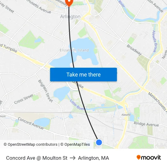 Concord Ave @ Moulton St to Arlington, MA map