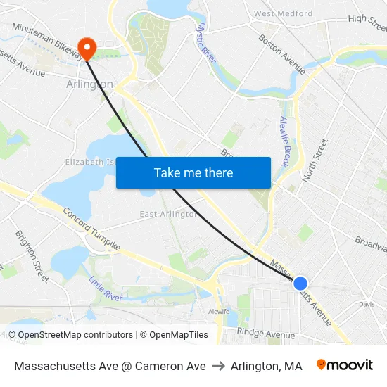 Massachusetts Ave @ Cameron Ave to Arlington, MA map